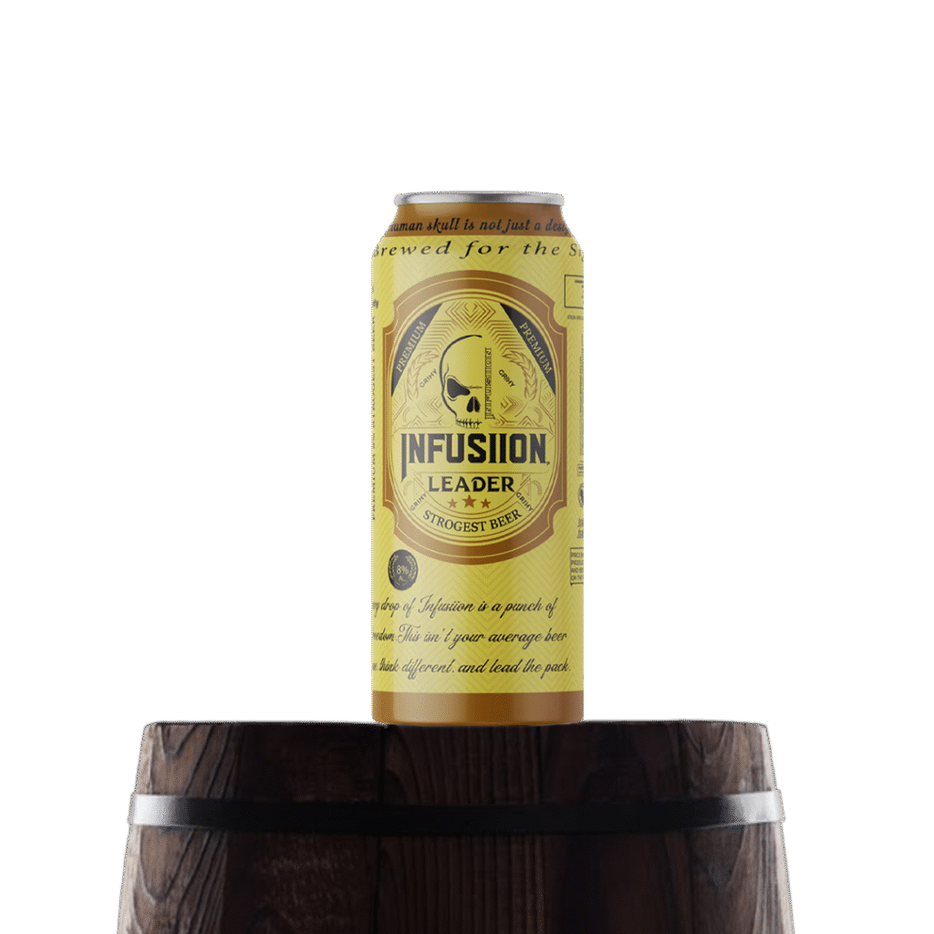 A chilled Leader beer bottle with a bold label and golden foam, placed on a wooden table to highlight its strong character and premium appeal