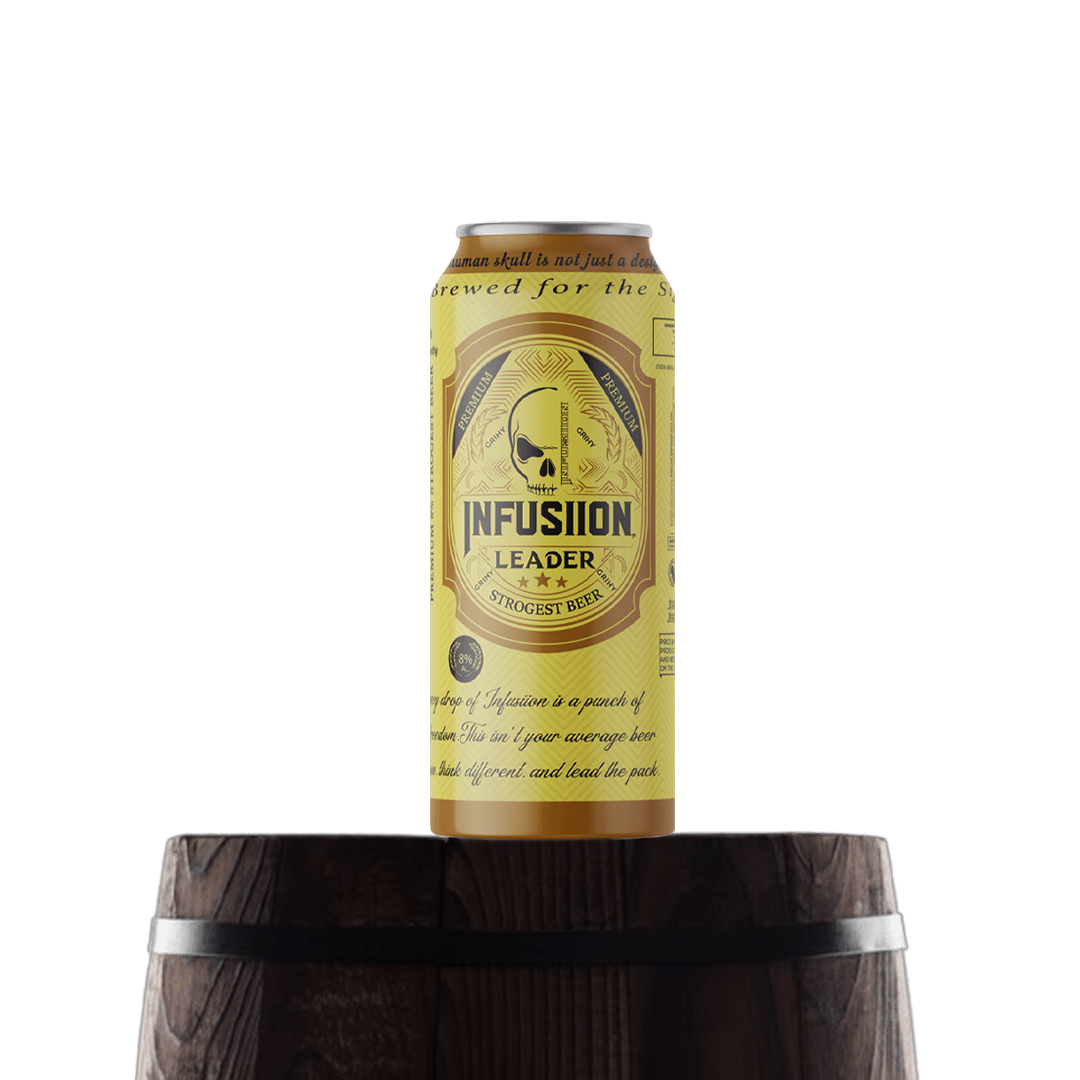 A chilled Leader beer bottle with a bold label and golden foam, placed on a wooden table to highlight its strong character and premium appeal