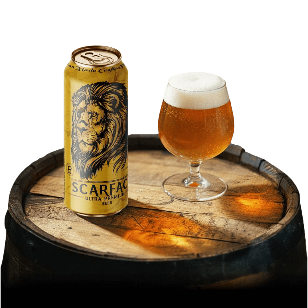 Scarface Beer strong lager can with golden color, chilled droplets, and thick foam head, showcasing bold flavor and premium brewing quality.