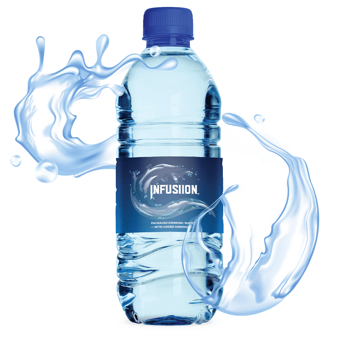A clear Infusiion water bottle with sleek branding, placed on a clean surface to highlight its purity and refreshing appeal.
