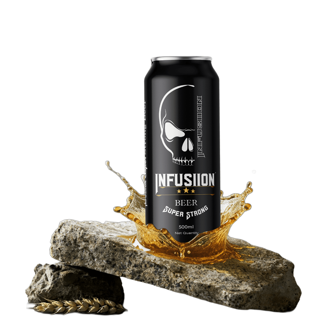 A chilled bottle of Infusiion strong beer with condensation, showcasing its bold character and rich golden color in a premium setting.