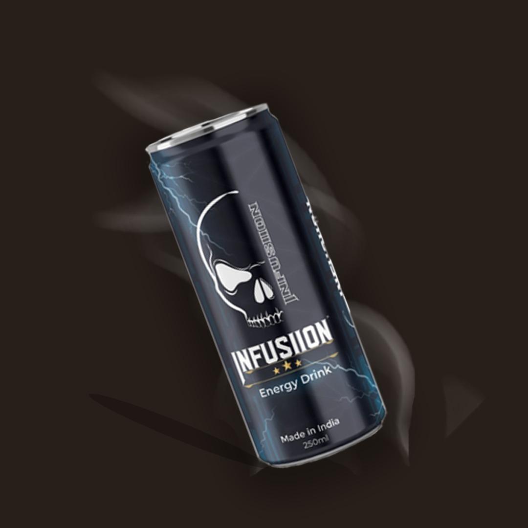 A chilled can of Infusiion energy drink with vibrant design and water droplets, highlighting its refreshing and energizing appeal.