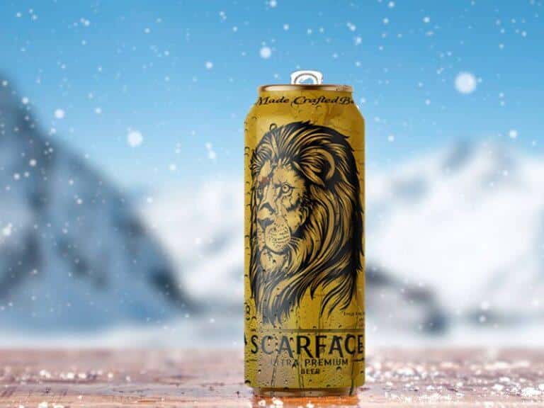 Scarface best beer can with golden lager, chilled droplets, and thick foam head, representing bold flavor and premium strong brewing quality.