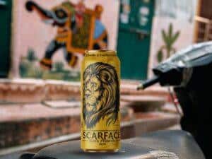 A frosty can of super strong beer with condensation, highlighting its bold strength, rich flavor, and premium quality.