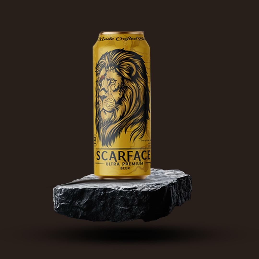 A close-up of a Scarface beer bottle with condensation, showcasing its strong character and premium presentation.