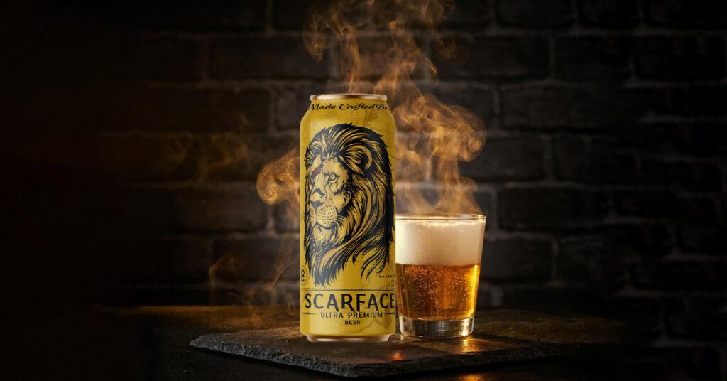 A Scarface beer bottle with a bold label design placed on a wooden table with chilled condensation and dark premium background.