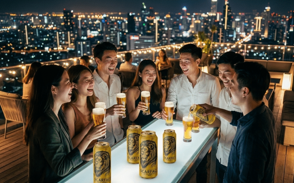 A bottle and glass of best tasting beer placed on a modern party bar setup.