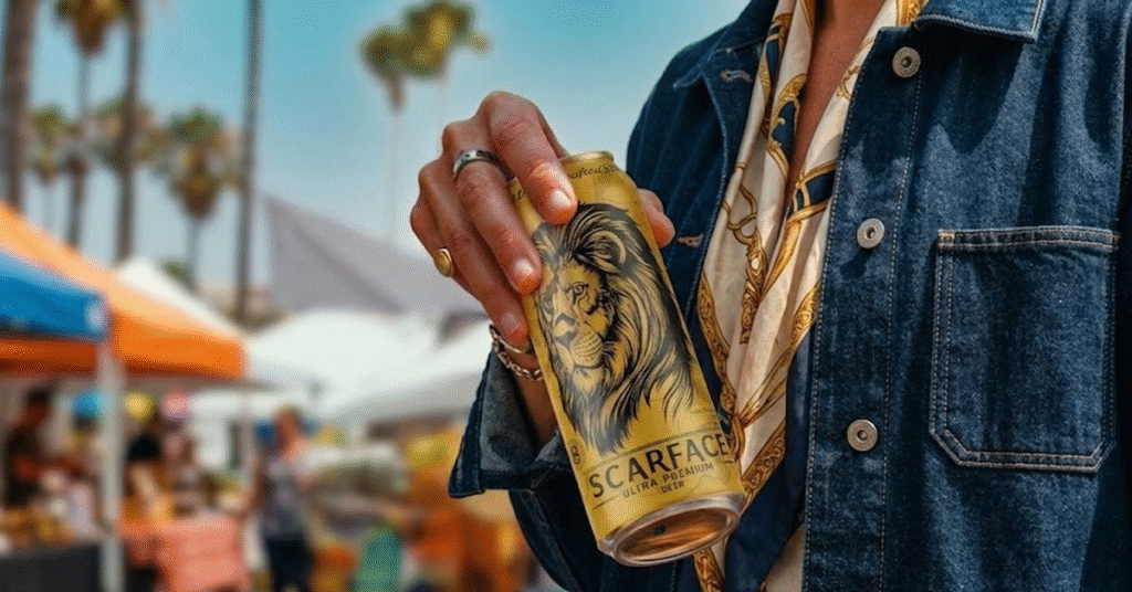 Strong beer in India featuring Scarface Beer with bold packaging and high alcohol content, chilled bottle with frosty texture highlighting its intense flavor and premium appeal in a modern setting.