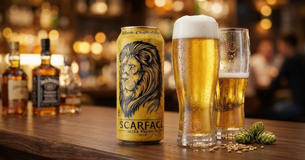 Premium beer brand Scarface showcasing quality brewing and refreshing taste.