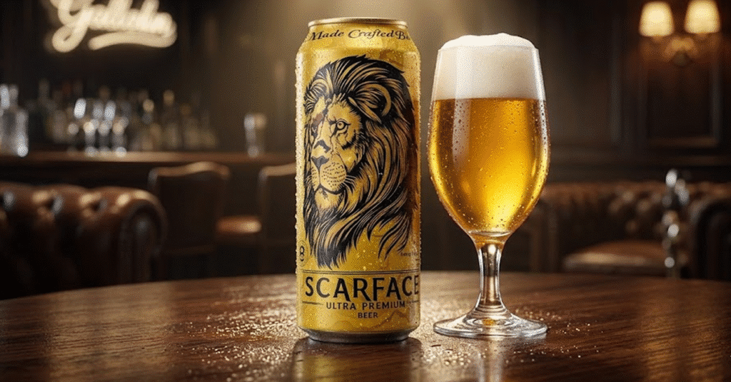 Scarface Indian strong beer bottle placed on premium wooden table