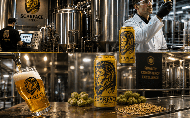 Scarface style premium Indian beer bottle with bold golden branding