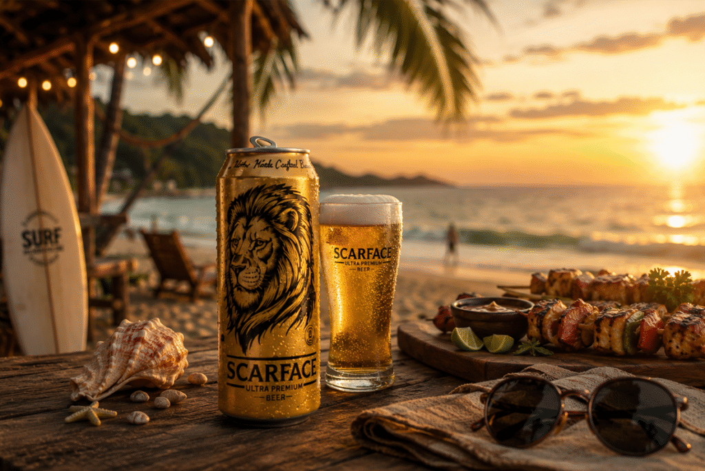 The best beer for beach parties is a cold beer bottle and glass