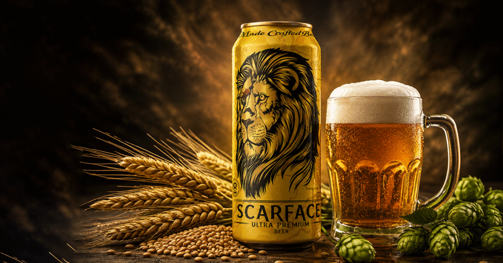 Strongest beer in India with a chilled beer can and refreshing golden pour